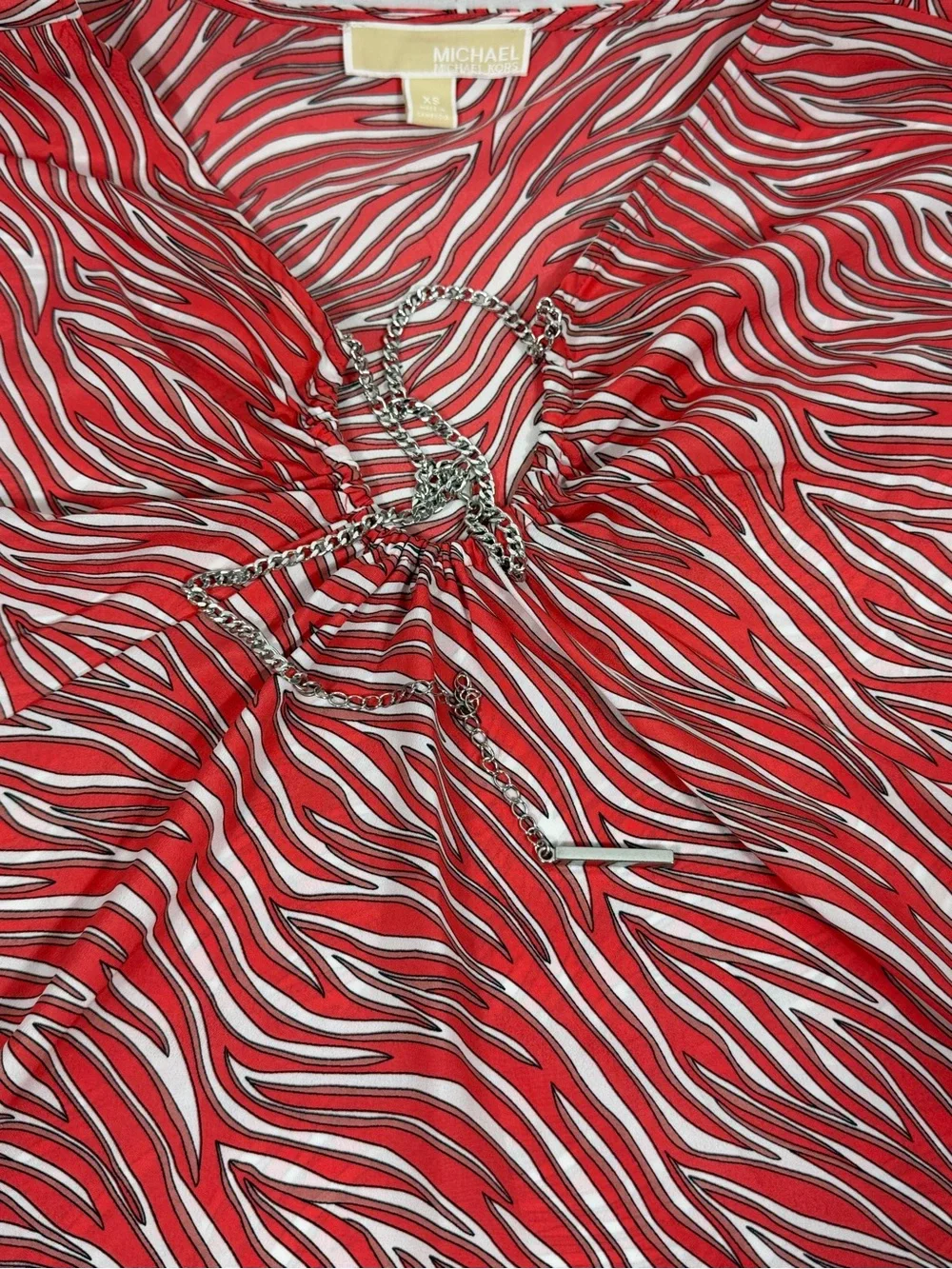 Michael Kors Geranium Red Zebra Print Chain Handkerchief Hem Blouse Top EUC